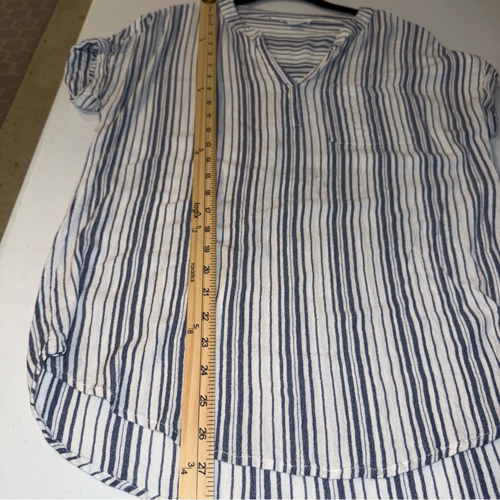 Beachlunchlounge Blue and White Striped Shirt V Neck Pocket Small Petite - Picture 8 of 10